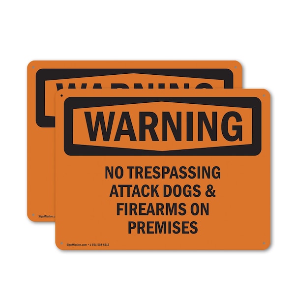 Signmission No Trespassing Attack Dogs & Firearms On Premises OSHA Warning Sign, Plastic, 14in W x 10in L, 2PK OS-2PACK-WS-P-1014-L-12276 - main